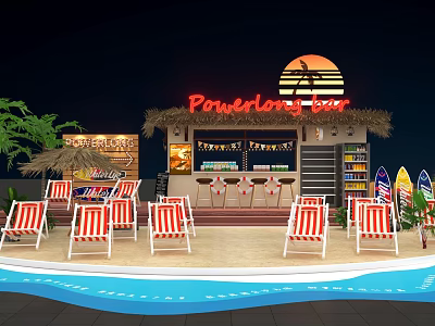 Powerland Bar With Thatched Roof Sunset Sign Red White Striped Chairs Pool And Surfboards 3d model