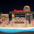 Powerland Bar With Thatched Roof Sunset Sign Red White Striped Chairs Pool And Surfboards