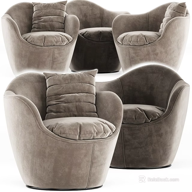 Set Of Beige Velvet Leisure Chairs With Curved Design And Soft Pillows 3d model 