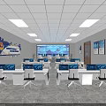 Modern Conference Room With White Desks Computers Large Screen And Wall Decorations 3d model