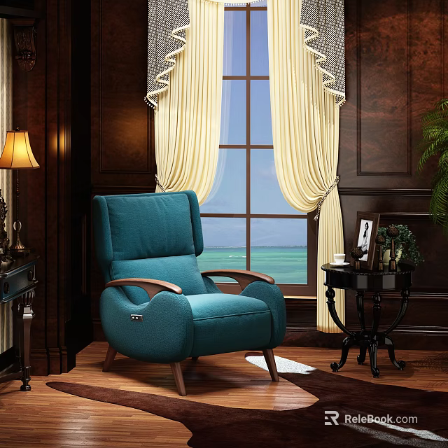Elegant Teal Massage Chair With Wooden Armrests In Modern Living Room Interior 3d model 