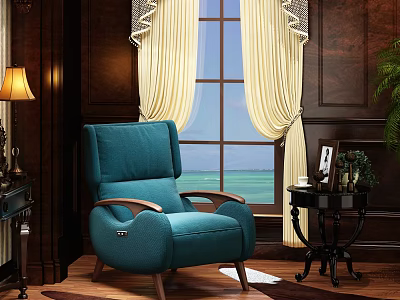 Elegant Teal Massage Chair With Wooden Armrests In Modern Living Room Interior 3d model
