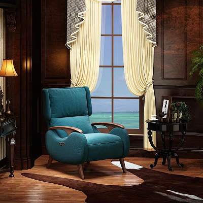 Elegant Teal Massage Chair With Wooden Armrests In Modern Living Room Interior 3d model