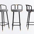 Modern Bar Stools With Black Metal Frame Gray Upholstered Seat And Gold Accents