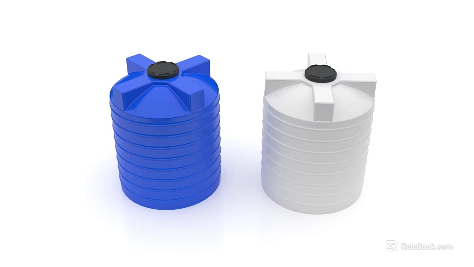 Two Blue And White Plastic Water Storage Tanks With Black Lids And Stackable Design 3d model