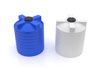 Two Blue And White Plastic Water Storage Tanks With Black Lids And Stackable Design 3d model