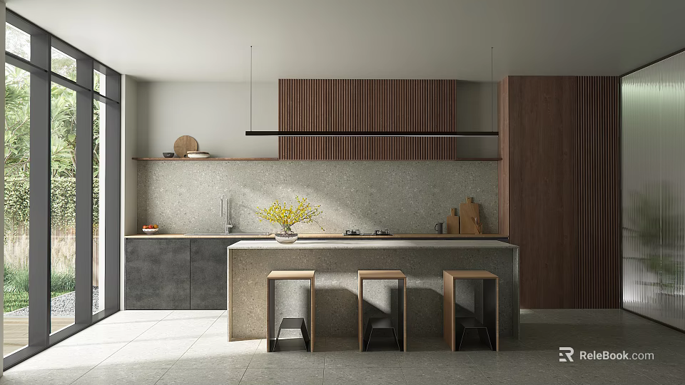 Modern Open Kitchen Interior With Island Three Black Bar Stools Wooden Cabinets And Grey Countertops 3d model 