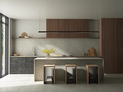 Modern Open Kitchen Interior With Island Three Black Bar Stools Wooden Cabinets And Grey Countertops 3d model