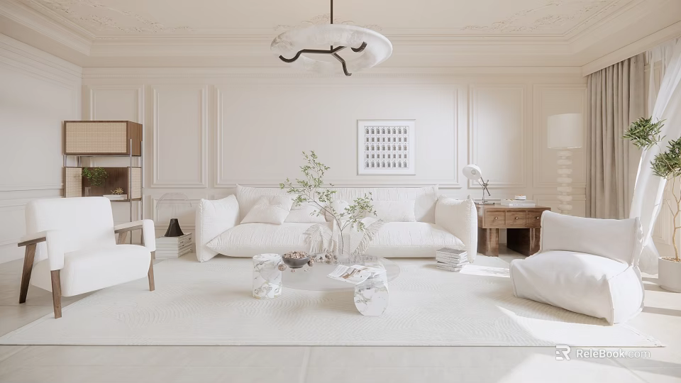 Modern Elegant Living Room With White Sofa Glass Coffee Table Chandelier Green Plants And Rug 3d model 