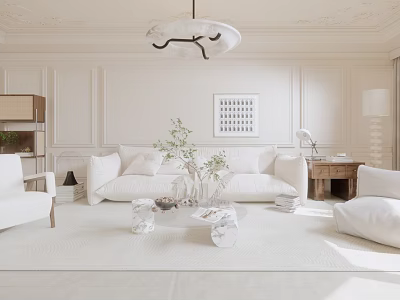 Modern Elegant Living Room With White Sofa Glass Coffee Table Chandelier Green Plants And Rug 3d model