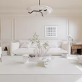 Modern Elegant Living Room With White Sofa Glass Coffee Table Chandelier Green Plants And Rug