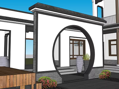 Traditional Ancient Chinese Architecture With Circular Doorway Courtyard And Wooden Features 3d model