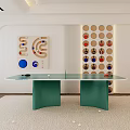 Green Ping Pong Table With Paddles Balls In Modern Room With Wall Decorations