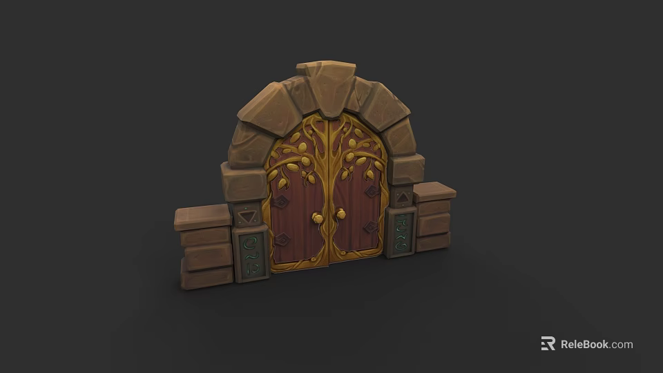 Medieval Stone Wooden Arch Gate With Intricate Golden Decorations And Carvings 3d model 