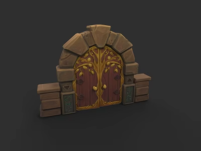 Medieval Stone Wooden Arch Gate With Intricate Golden Decorations And Carvings 3d model