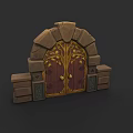 Medieval Stone Wooden Arch Gate With Intricate Golden Decorations And Carvings