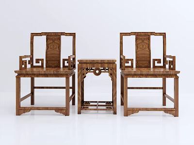 Two Chinese Wooden Leisure Chairs with Carved Design and Small Coffee Table on White Background 3d model