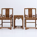 Two Chinese Wooden Leisure Chairs with Carved Design and Small Coffee Table on White Background