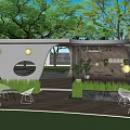 Modern Residential Landscape With Green Trees Wooden Deck Outdoor Seating Green Lawn And Blue Sky