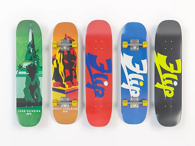 Assorted Skateboards With Diverse Graphic Designs And Colorful Patterns 3d model