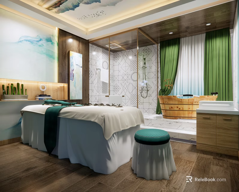 Luxurious SPA Sauna Room with Massage Beds Wooden Bathtub Green Curtains and Wooden Flooring 3d model 