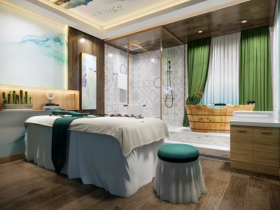 Luxurious SPA Sauna Room with Massage Beds Wooden Bathtub Green Curtains and Wooden Flooring 3d model