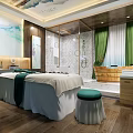 Luxurious SPA Sauna Room with Massage Beds Wooden Bathtub Green Curtains and Wooden Flooring