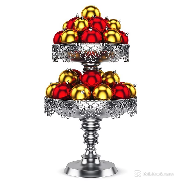 Two Tiered Metal Decorative Ornament Set With Red And Gold Balls 3d model 