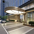 Modern Building Entrance Gate with Curved Canopy Glass Curtain Wall and Green Plants