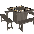 Rectangular Wooden Dining Table with Four Matching Benches and Table Settings 3d model