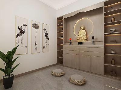 Buddhist Religious Belief Interior Featuring Buddha Statue Lotus Paintings Floor Cushions Cabinets And Green Plant 3d model