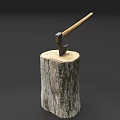 Vintage Axe Weapon with Wooden Handle and Metal Head Displayed on Tree Stump