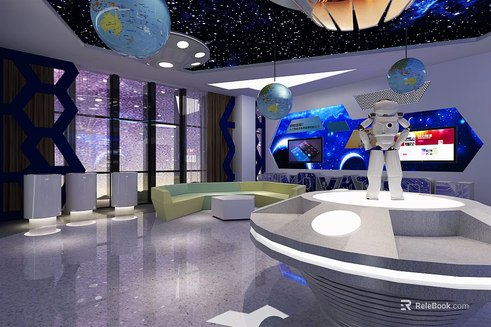 Space Theme Room Interior With Astronaut Figure Globe Decor And Starry Ceiling 3d model