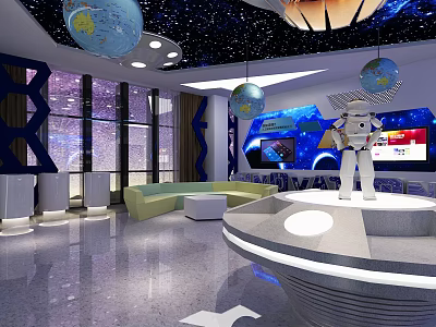 Space Theme Room Interior With Astronaut Figure Globe Decor And Starry Ceiling 3d model