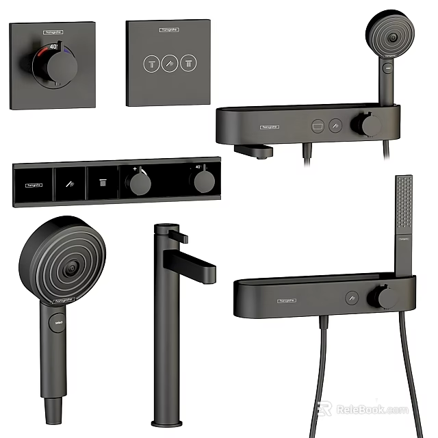 Black Modern Shower System With Handheld Head Control Knobs And Fixtures 3d model