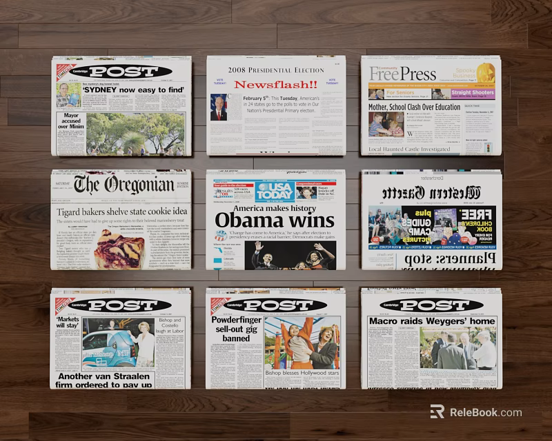 Various Newspapers With Different Headlines Including Obama Wins And Post Publications 3d model