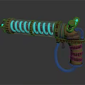 Steampunk Style Weapon With Coiled Blue Glowing Energy And Metallic Components