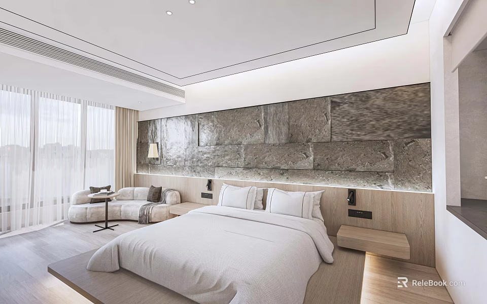 Hotel Guest Room With White Bedding Stone Accent Wall Large Windows And Modern Design 3d model 