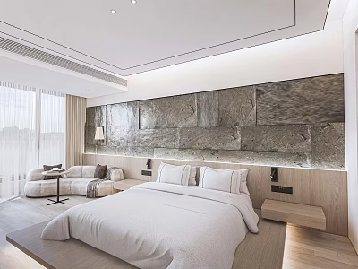 Hotel Guest Room With White Bedding Stone Accent Wall Large Windows And Modern Design 3d model