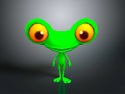 Green Frog Cartoon Character With Big Yellow Eyes On Gray Background 3d model
