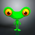 Green Frog Cartoon Character With Big Yellow Eyes On Gray Background
