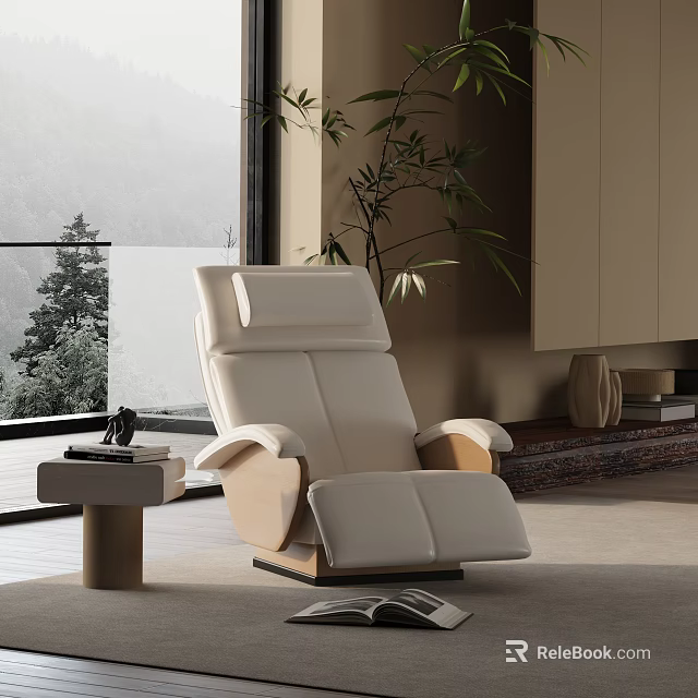 Modern White Leather Recliner Chair With Wooden Frame And Mountain View Window 3d model 