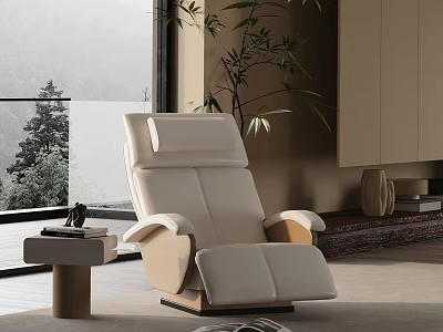Modern White Leather Recliner Chair With Wooden Frame And Mountain View Window 3d model