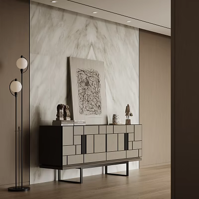 Modern Luxury Entryway Console Cabinet With Marble Wall Decorative Painting Sculptures And Floor Lamp 3d model