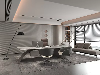 Modern Office Interior Design With Desk Chairs Sofa Bookshelf And Window Blinds 3d model
