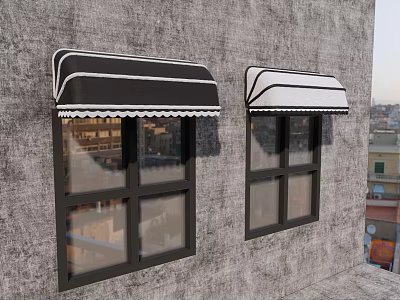 Black And White Window Awnings With Scalloped Edges Above Windows On Gray Textured Wall 3d model