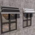 Black And White Window Awnings With Scalloped Edges Above Windows On Gray Textured Wall