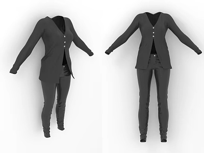 Black Long Sleeve V Neck Coat Featuring Buttons and Fitted Trousers 3d model