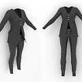 Black Long Sleeve V Neck Coat Featuring Buttons and Fitted Trousers