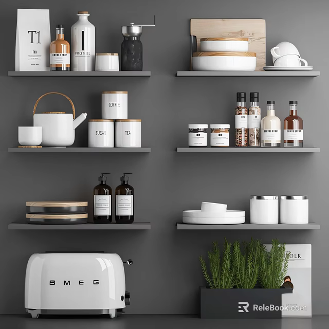 Modern Kitchen Grey Shelves With Spice Bottles Glass Jars White Bowls And Green Plant 3d model 
